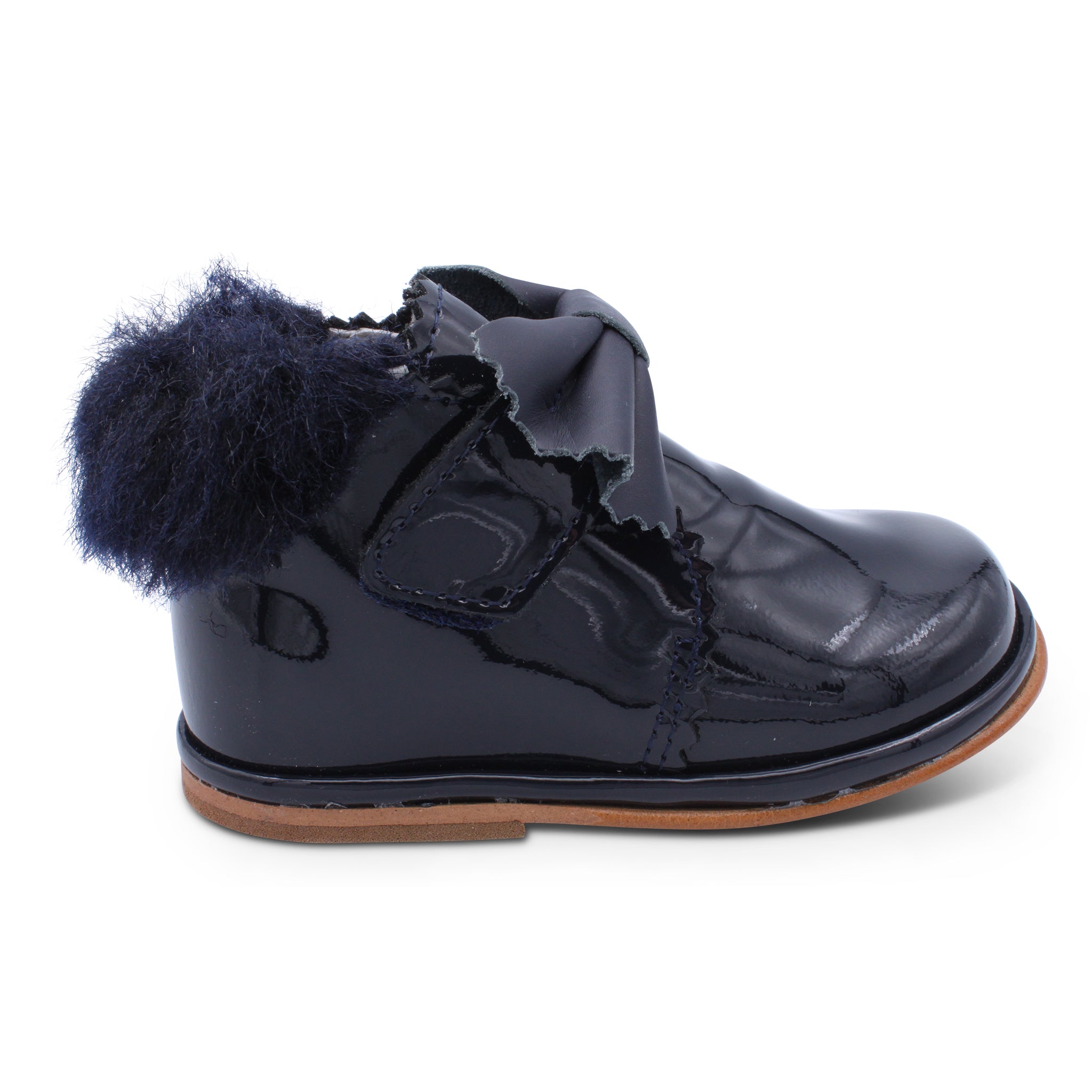 'Shania' Girls Navy Patent Fur Trim Velcro Boots