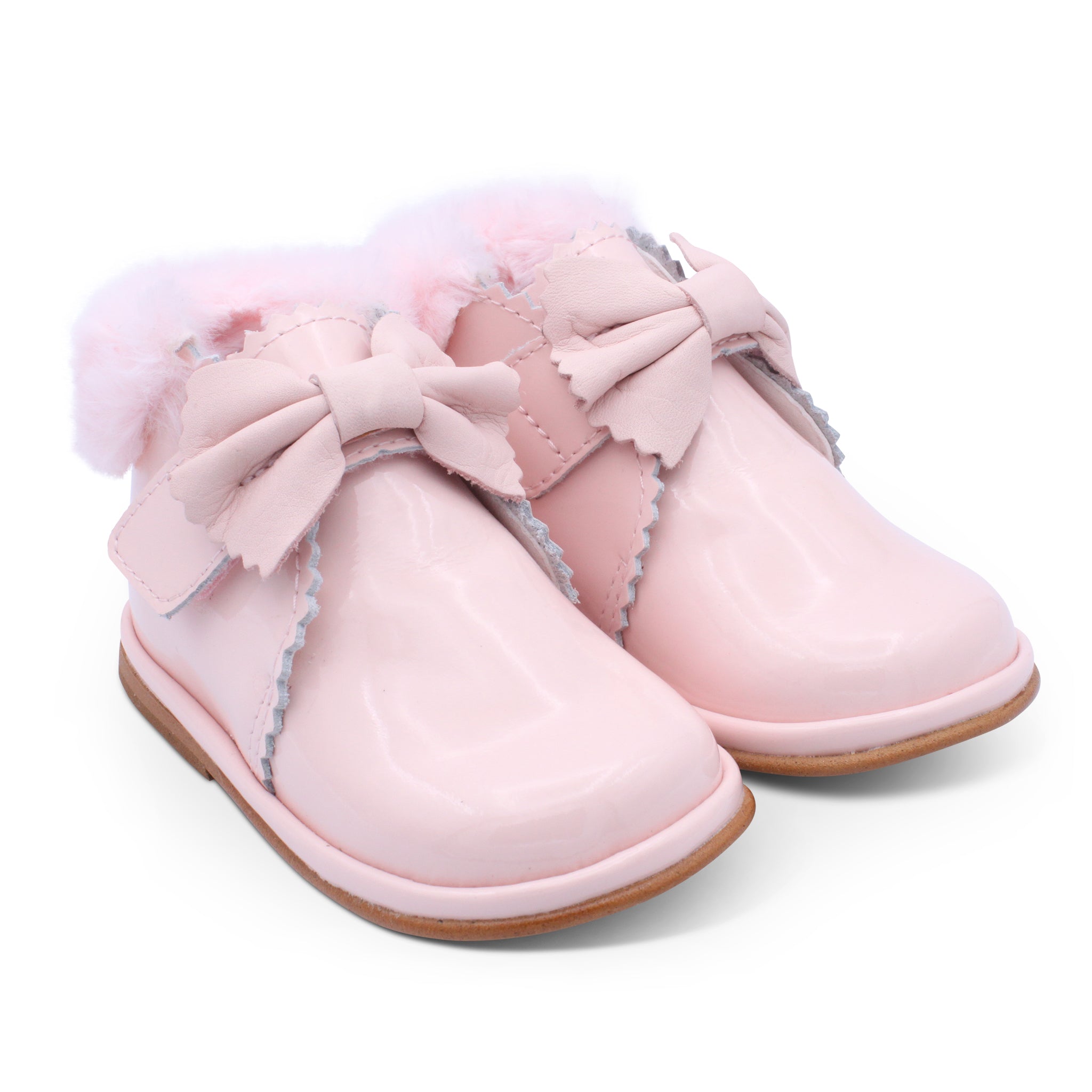 'Shania' Girls Pale Pink Patent Fur Trim Velcro Boots