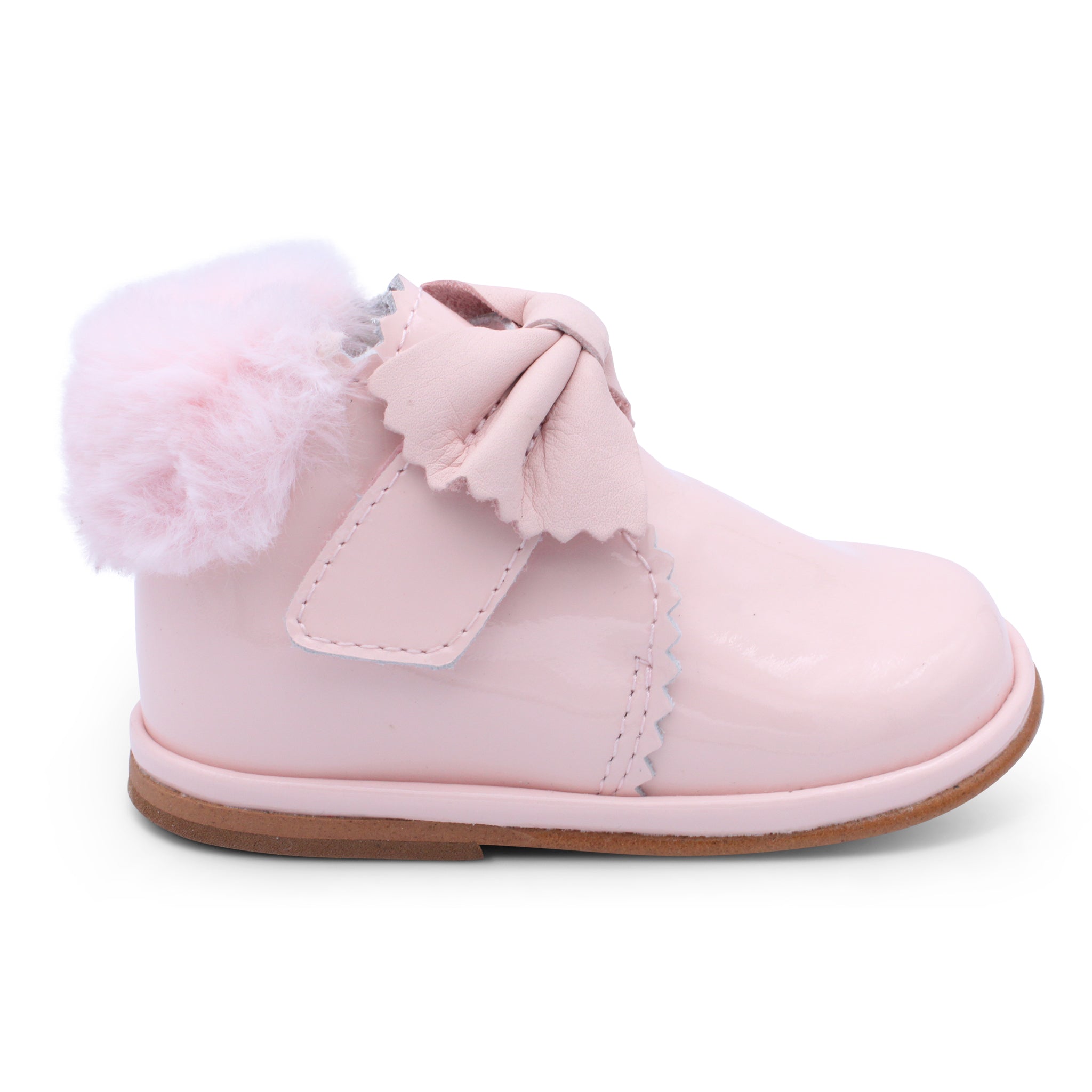 'Shania' Girls Pale Pink Patent Fur Trim Velcro Boots