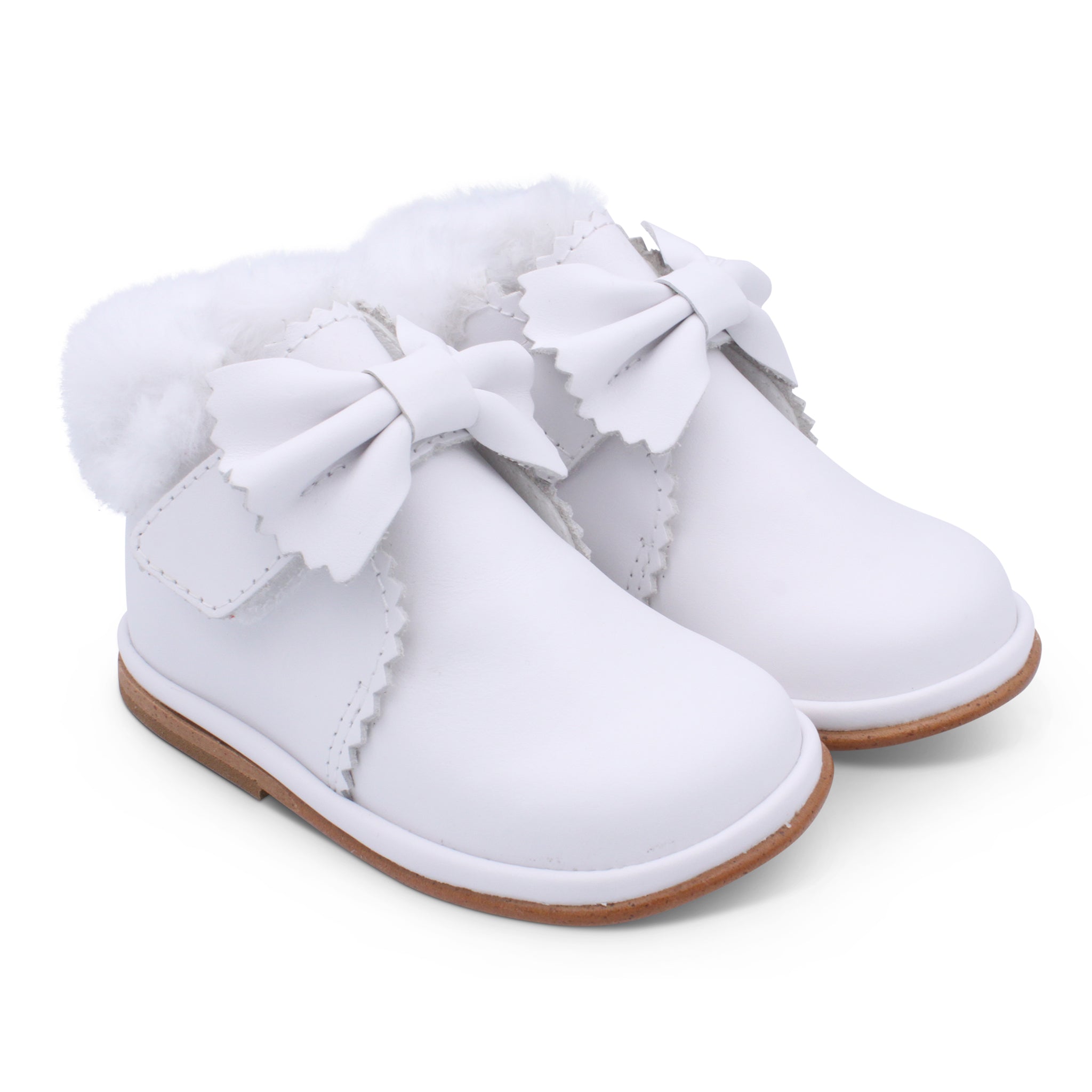 'Shania' Girls White Leather Fur Trim Velcro Boots