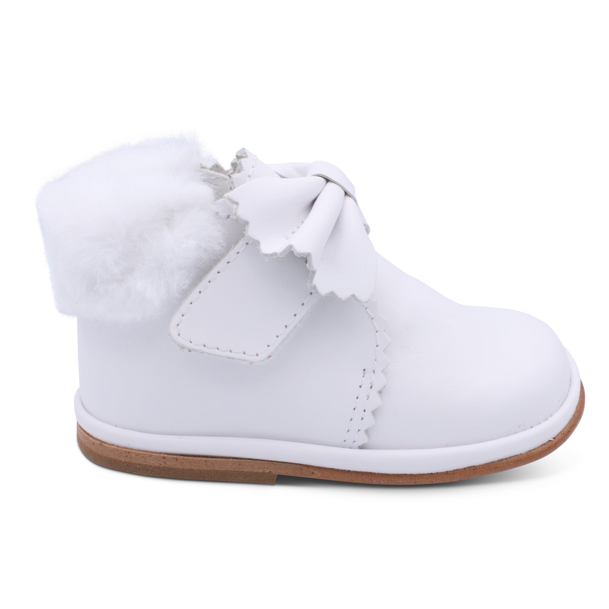 'Shania' Girls White Leather Fur Trim Velcro Boots